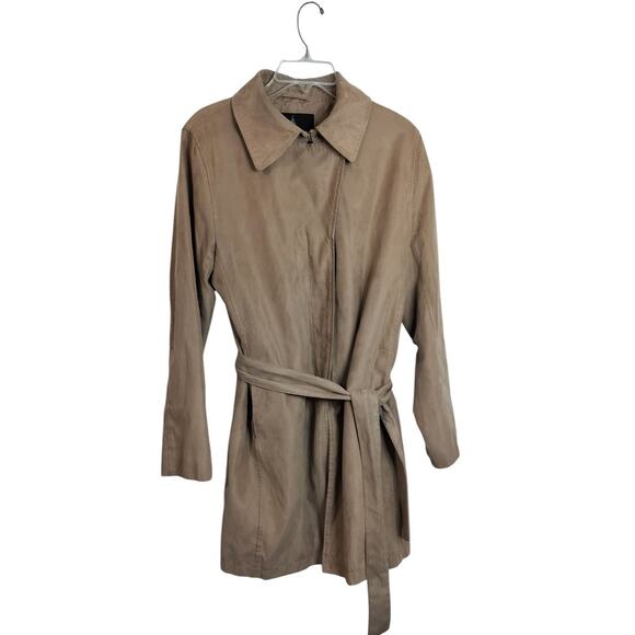4238) London Fog Ltd Edition Tan Faux Suede Lined Belted Trench Coat Large - Picture 1 of 13